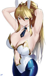Rule 34 | 1girl, absurdres, animal ears, armpits, arms behind head, arms up, artoria pendragon (all), artoria pendragon (fate), artoria pendragon (swimsuit ruler) (fate), bare shoulders, blonde hair, blue pantyhose, blush, braid, breasts, cleavage, clothing cutout, detached collar, fate/grand order, fate (series), fishnet pantyhose, fishnets, french braid, gold trim, green eyes, hair between eyes, highleg, highleg leotard, highres, kurozawa yui, large breasts, leotard, long hair, looking at viewer, navel, navel cutout, necktie, pantyhose, playboy bunny, ponytail, rabbit ears, rabbit tail, sidelocks, solo, tail, thighs, tiara, white leotard, wrist cuffs