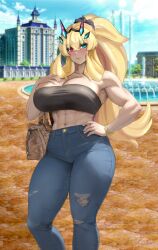 Rule 34 | 1girl, abs, bandeau, bare shoulders, barghest (fate), black bandeau, blonde hair, blush, breasts, cleavage, denim, fate/grand order, fate (series), green eyes, heterochromia, high ponytail, highres, horns, huge breasts, jeans, large breasts, long hair, looking at viewer, muscular, muscular female, pants, raskasar, red eyes, solo, tall female, thighs, torn clothes, torn jeans, torn pants