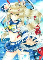 Rule 34 | 1girl, arm behind head, arm up, ayanami (azur lane), azur lane, bandaid, bandaid on arm, belt, blue sky, choker, cloud, cloudy sky, collarbone, commentary request, detached sleeves, eyes visible through hair, fighting stance, hair between eyes, hair ornament, hairclip, headgear, highres, holding, holding sword, holding weapon, horizon, long hair, looking at viewer, midriff, navel, ocean, panties, pantyshot, pleated skirt, ponytail, retrofit (azur lane), school uniform, serafuku, sidelocks, signature, silver hair, skirt, sky, solo, sword, thighhighs, traditional media, underwear, v-shaped eyebrows, water drop, weapon, whipberry, white thighhighs, wide sleeves, yellow eyes, zettai ryouiki