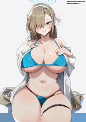 Rule 34 | 1girl, asuna (blue archive), bare shoulders, bikini, blue archive, blue bikini, blue eyes, blush, breasts, cleavage, collarbone, grin, hair over one eye, halo, highres, large breasts, light brown hair, long hair, long sleeves, looking at viewer, navel, off shoulder, open clothes, open shirt, shirt, simao (x x36131422), smile, solo, sweat, swimsuit, thick thighs, thigh strap, thighs, white shirt