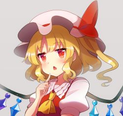 Rule 34 | 1girl, 60mai, ascot, blonde hair, blush, commentary, crystal, fang, flandre scarlet, grey background, hand up, hat, hat ribbon, index finger raised, long hair, looking at viewer, mob cap, one side up, open mouth, puffy short sleeves, puffy sleeves, red eyes, red ribbon, red vest, ribbon, shirt, short sleeves, sidelocks, simple background, solo, touhou, upper body, vest, white hat, white shirt, wings, yellow ascot