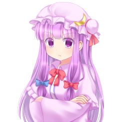 Rule 34 | 1girl, :t, blue bow, blunt bangs, bow, bowtie, collar, commentary request, crescent, crescent pin, crossed arms, hair bow, hat, hat ribbon, highres, long hair, looking at viewer, mob cap, patchouli knowledge, pout, purple eyes, purple hair, red bow, red bowtie, red ribbon, ribbon, simple background, solo, touhou, upper body, very long hair, white background, yukina kurosaki