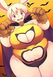 Rule 34 | 1girl, akitaka (mcdonnell-douglas), animal ears, belly, breasts, rabbit, fat, furry, furry female, halloween, large breasts, navel, plump, red eyes, solo, white hair