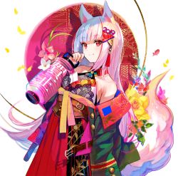 Rule 34 | 1girl, 2019, animal ears, armpit crease, bare shoulders, breasts, closed mouth, collar, commentary request, floating hair, fox ears, fox tail, fuzichoco, hair ornament, hakama, hakama skirt, holding, japanese clothes, kimono, lantern, long hair, long sleeves, looking at viewer, multicolored hair, nail polish, new year, off shoulder, original, paper lantern, purple nails, red collar, red eyes, red hair, red hakama, shadow, sidelocks, skirt, sleeveless, small breasts, smile, solo, standing, streaked hair, tail, tassel, very long hair, white hair, wing collar