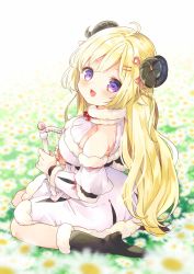 Rule 34 | 1girl, blonde hair, braid, breasts, commentary, daisy, dress, field, flower, flower field, from side, fur-trimmed dress, fur-trimmed sleeves, fur trim, hair ornament, hairclip, highres, hololive, horns, kosuzume, large breasts, looking at viewer, lyre, open mouth, purple eyes, sheep girl, sheep horns, sitting, smile, solo, symbol-only commentary, tsunomaki watame, tsunomaki watame (1st costume), virtual youtuber, wariza, white dress