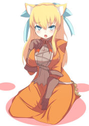 Rule 34 | 1girl, animal ears, bad id, bad pixiv id, blonde hair, blue eyes, breasts squeezed together, breasts, cat ears, dress, gloves, johnny funamushi, kemonomimi mode, kneeling, large breasts, long hair, maya schrodinger, open mouth, orange dress, solo, white background, wild arms, wild arms 3