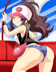 Rule 34 | 10s, 1girl, against glass, ass, bag, baseball cap, breasts, brown hair, come hither, creatures (company), ferris wheel, game freak, grin, hat, hilda (pokemon), hip focus, huge ass, konno tohiro, large breasts, looking back, md5 mismatch, nintendo, one eye closed, pokemon, pokemon bw, purple eyes, qc, short shorts, shorts, smile, solo, wide hips, wink, wristband