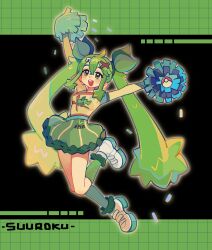 Rule 34 | 1girl, blonde hair, breasts, confetti, creatures (company), fortissimo, full body, game freak, grass miku (project voltage), green eyes, green hair, green skirt, hair ornament, hatsune miku, highres, holding, holding pom poms, kneehighs, long hair, multicolored hair, musical note, musical note hair ornament, nintendo, open mouth, poke ball, poke ball (basic), pokemon, pom pom (cheerleading), pom poms, project voltage, shoes, short sleeves, sidelocks, skirt, small breasts, socks, solo, suuroku, twintails, very long hair, vocaloid, white footwear, x hair ornament
