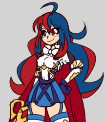 Rule 34 | 1girl, 2022, ahoge, alear (female) (fire emblem), alear (fire emblem), blue eyes, blue gloves, blue hair, blue skirt, blush, bow, bowtie, breasts, cape, chibi, clenched hands, commentary, english commentary, female focus, fire emblem, fire emblem engage, gloves, grey background, hair between eyes, hand on own hip, heterochromia, holding, holding sword, holding weapon, intelligent systems, long hair, medium breasts, multicolored hair, nintendo, onua tf, puffy sleeves, red eyes, red hair, simple background, skirt, smile, solo, split-color hair, sword, thigh strap, thighhighs, two-tone hair, very long hair, weapon, white thighhighs