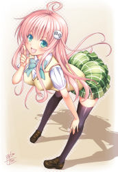 Rule 34 | 1girl, ahoge, alto seneka, ass, black thighhighs, blue eyes, blush, bow, gradient background, hair ornament, hairclip, halftone, halftone background, lala satalin deviluke, leaning forward, long hair, looking at viewer, miniskirt, open mouth, pink hair, skirt, smile, solo, thighhighs, to love-ru, vest
