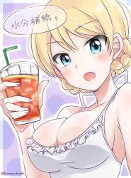 Rule 34 | 10s, 1girl, artist request, bendy straw, blonde hair, blue eyes, blush, border, braid, breasts, cleavage, cup, darjeeling (girls und panzer), drinking glass, drinking straw, french braid, girls und panzer, hair between eyes, highres, hinase (twoxout), medium breasts, sideboob, solo, swimsuit, translation request, twitter username, upper body, white border