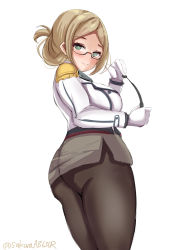 Rule 34 | 1girl, absurdres, ass, back, blush, breasts, brown hair, brown pantyhose, buttons, collared shirt, double-breasted, epaulettes, folded ponytail, forehead, glasses, gloves, green eyes, highres, jacket, kantai collection, katori (kancolle), kerchief, large breasts, light brown hair, looking at viewer, looking back, military, military uniform, necktie, pantyhose, pointer, riding crop, rimless eyewear, sakura ab, shirt, skirt, uniform, white gloves