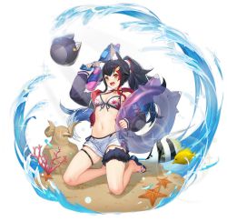 Rule 34 | 1girl, :d, animal ear fluff, animal ears, azur lane, bare legs, bikini, bikini under clothes, black hair, black jacket, breasts, choker, cleavage, fish, front-tie bikini top, front-tie top, hair ornament, hairclip, hand up, hatotaurus (ookami mio), highres, holding, hololive, innertube, jacket, kneeling, leaf print, long hair, long sleeves, looking at viewer, medium breasts, miochun, multicolored hair, navel, official alternate costume, official art, ookami mio, ookami mio (hololive summer 2019), open clothes, open fly, open jacket, open mouth, orange eyes, ponytail, red hair, sand, sandals, short shorts, shorts, side-tie bikini bottom, smile, solo, stomach, streaked hair, surgeonfish, swim ring, swimsuit, thigh strap, third-party source, transparent background, tropical fish, virtual youtuber, wakaba sprout, water gun, white bikini, white shorts, wolf ears