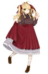 Rule 34 | 10s, ;q, ahoge, alternate hairstyle, ankle boots, blush, boots, brown footwear, brown shirt, casual, closed mouth, fate/extra, fate (series), hair ribbon, hand up, high-waist skirt, highres, kou mashiro, leg up, long hair, long skirt, long sleeves, looking at viewer, nero claudius (fate), nero claudius (fate) (all), nero claudius (fate/extra), one eye closed, pantyhose, petticoat, print legwear, red ribbon, ribbon, shirt, simple background, skirt, skirt hold, smile, standing, standing on one leg, tongue, tongue out, two side up, white background
