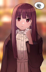 Rule 34 | 1girl, annoyed, bad source, black coat, coat, curled fingers, dress, fern (sousou no frieren), highres, long hair, looking at viewer, purple hair, sousou no frieren, thought bubble, user tnay4444, white dress