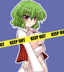 Rule 34 | 1girl, blue background, blush, bococho, bottomless, breasts, caution tape, censored, covering privates, covering crotch, female focus, green hair, kazami yuuka, keep out, large breasts, no bra, open clothes, open shirt, plaid, plaid vest, red eyes, shirt, short hair, slit pupils, smile, solo, touhou, vest