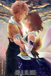 Rule 34 | 00s, 1boy, 1girl, blonde hair, blue eyes, breasts, brown hair, detached sleeves, final fantasy, final fantasy x, hetero, japanese clothes, jewelry, necklace, short hair, smile, tidus, yuna, yuna (ff10)