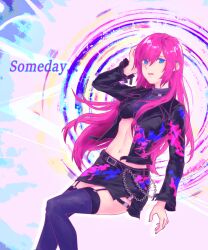 Rule 34 | absurdres, belt, black jacket, black thighhighs, blue eyes, choker, hand on own head, highres, jacket, long hair, looking at viewer, lyrics, megurine luka, midriff, navel, open mouth, paint, pink hair, shiliuhua, shorts, tagme, thighhighs, vocaloid