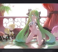 Rule 34 | 1girl, ahoge, areola slip, bad id, bad pixiv id, black panties, bottomless, bug, butterfly, clothes lift, curtains, doll, finger to mouth, flower, green eyes, green hair, hair ribbon, hatsune miku, insect, kagamine len, kagamine rin, kneeling, letterboxed, long hair, matching hair/eyes, megurine luka, navel, panties, panties around leg, ribbon, shirt lift, solo, twintails, undeedking, underwear, very long hair, vocaloid