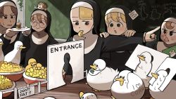 Rule 34 | 5girls, :&lt;, ^ ^, animal, animal on head, bib, bird, blonde hair, blue eyes, body writing, brown eyes, brown hair, burger, chalkboard, chicken, closed eyes, clumsy nun (diva), corn, crying, crying with eyes open, diva (hyxpk), duck, duckling, eating, food, froggy nun (diva), glasses, glasses nun (diva), habit, hanging plant, hedgehog, highres, hungry nun (diva), little nuns (diva), multiple girls, nervous sweating, nun, on head, plate, pointing, pointing to the side, smile, spicy nun (diva), sweat, sweatdrop, tears, thumbs up, traditional nun, whistle, yellow eyes