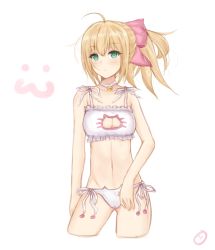 Rule 34 | 1girl, ahoge, animal ears, artoria pendragon (fate), bad id, bad pixiv id, bell, blonde hair, blush, bra, breasts, cat cutout, cat ear panties, cat lingerie, cleavage, cleavage cutout, clothing cutout, collarbone, envyvanity, fate/stay night, fate/unlimited codes, fate (series), hair ribbon, jingle bell, medium breasts, meme attire, navel, panties, paw print, ribbon, saber (fate), saber lily, side-tie panties, simple background, solo, underwear, white background