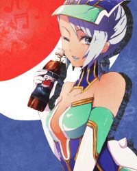 Rule 34 | 10s, 1girl, bad id, bad pixiv id, bare shoulders, blue eyes, blue hair, blue rose (tiger &amp; bunny), earrings, elbow gloves, gloves, jewelry, karina lyle, lipstick, makeup, matching hair/eyes, one eye closed, pepsi, product placement, short hair, solo, tiger &amp; bunny, wink, yamada (fibm)