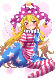 Rule 34 | 1girl, american flag dress, american flag legwear, bad id, bad twitter id, blonde hair, blush, clownpiece, fairy wings, hat, highres, hitotsuki nebura, jester cap, long hair, looking at viewer, open mouth, pantyhose, print pantyhose, red eyes, short sleeves, sitting, solo, spread legs, star (symbol), striped clothes, striped pantyhose, touhou, very long hair, white background, wings