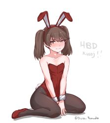 Rule 34 | 1girl, animal ears, annoyed, artist name, bare shoulders, black pantyhose, brown eyes, brown hair, commentary, disco brando, fake animal ears, full body, highres, kantai collection, leotard, looking at viewer, pantyhose, playboy bunny, rabbit ears, rabbit tail, ryuujou (kancolle), simple background, sitting, solo, tail, twintails, twitter username, v arms, white background, wrist cuffs