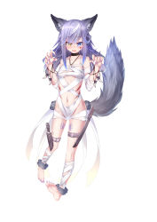 Rule 34 | 1girl, absurdres, animal ears, bandages, blush, collar, facial tattoo, fang, fingernails, flat chest, full body, heterochromia, highres, jewelry, knife, knife sheath, knife sheath, long hair, looking at viewer, multicolored hair, mummy costume, nail, nail polish, navel, necklace, open mouth, original, paw pose, purple hair, purple nails, scar, scar across eye, scar on face, scar on stomach, sharp fingernails, sharp toenails, sheath, smile, tail, tattoo, toenails, two-tone hair, white background, white hair, wolf ears, wolf girl, wolf tail, yellow eyes