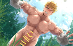 Rule 34 | 1boy, abs, bandaged hand, bandages, bar censor, bara, blonde hair, blush, censored, cloud, completely nude, day, erection, granblue fantasy, green eyes, highres, kuroshinki, large pectorals, looking at viewer, male focus, muscular, muscular male, navel, nipples, nude, one eye closed, outdoors, paid reward available, pectorals, penis, short hair, sky, smile, solo, teeth, testicles, vane (granblue fantasy)