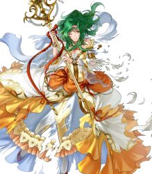 Rule 34 | 1girl, bare shoulders, bracelet, breasts, brown eyes, cleavage, clenched teeth, dress, elincia ridell crimea, fire emblem, fire emblem: radiant dawn, fire emblem heroes, frilled dress, frills, full body, gold trim, green hair, highres, holding, jewelry, kita senri, long dress, long hair, long sleeves, looking away, medium breasts, nintendo, non-web source, official art, one eye closed, pantyhose, parted lips, puffy sleeves, ribbon, see-through, skirt, solo, staff, teeth, tiara, torn clothes, torn dress, torn skirt, torn sleeves, transparent background
