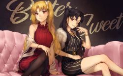 Rule 34 | 2girls, alternate costume, bare shoulders, black bow, black dress, black hair, blonde hair, bow, breasts, casual, couch, dress, ereshkigal (bitter sweet) (fate), ereshkigal (fate), fate/grand order, fate (series), hair bow, highres, ishtar (bitter sweet) (fate), ishtar (fate), jewelry, kouzuki kei, long hair, long sleeves, looking at viewer, multiple girls, necklace, one eye closed, pantyhose, parted bangs, red dress, red eyes, short sleeves, sitting, smile, striped clothes, striped dress, thighs, two side up, vertical stripes, white bow