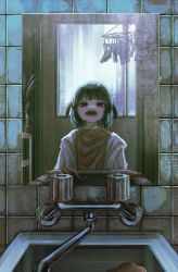 Rule 34 | 1girl, brown sweater, faucet, female focus, female pov, green eyes, highres, hood, hooded jacket, jacket, mirror, monster girl, no nose, open clothes, open jacket, open mouth, original, pov, reflection, sharp teeth, sink, solo, sweater, teeth, tentacles, tile wall, tiles, two side up, umuni, white jacket, window