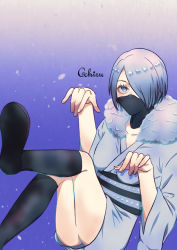 Rule 34 | 1girl, artist name, artist request, asymmetrical bangs, black footwear, black mask, black sash, boku no hero academia, boots, breasts, collarbone, expressionless, eyelashes, feet up, female focus, fingernails, fur collar, ghost pose, grey eyes, grey kimono, hair over one eye, hands up, invisible chair, japanese clothes, kimono, knee boots, legs, looking at viewer, mask, matching hair/eyes, medium breasts, medium hair, mouth mask, neck, obi, outstretched arms, sash, shiny clothes, shiny skin, short kimono, sidelocks, signature, silver hair, sitting, standing, star (symbol), starry background, thighs, traditional clothes, wide sleeves, yanagi reiko