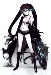 Rule 34 | 10s, 1girl, arm cannon, bad id, bad pixiv id, belt, bikini, bikini top only, black hair, black rock shooter, black rock shooter (character), blue eyes, boots, cape, front-tie top, full body, glowing, glowing eyes, gun, highres, long hair, midriff, navel, nishieda, scar, shorts, simple background, solo, standing, swimsuit, twintails, vocaloid, weapon