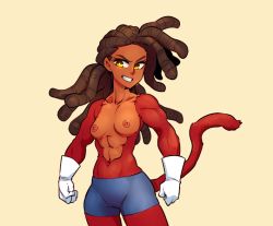 Rule 34 | 1girl, breasts, brown hair, dark-skinned female, dark skin, dragon ball, female focus, long hair, muscular, muscular female, nipples, nortuet, simple background, small breasts, solo, sweedi (nortuet), tail, wide hips, yellow eyes