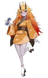 Rule 34 | 1girl, absurdres, ahoge, anklet, can, colored skin, drink, energy drink, full body, geta, gradient hair, grey skin, highres, holding, holding drink, horns, indie virtual youtuber, japanese clothes, jewelry, kimono, kiritzugu, long hair, looking at viewer, multicolored hair, obi, obijime, oni, oni horns, orange eyes, orange hair, orange kimono, pointy ears, red bull, sandals, sash, short kimono, simple background, smile, solo, standing, standing on one leg, tabi, two-tone hair, virtual youtuber, white background