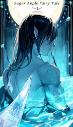 Rule 34 | 1boy, black eyes, black hair, blue theme, caustics, copyright name, fairy wings, highres, long hair, looking back, male focus, niarss, pointy ears, scar, shall fen shall, solo, sugar apple fairy tale, topless male, water, watermark, web address, weibo watermark, wings
