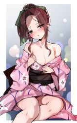 Rule 34 | 1girl, bare shoulders, blush, bow, breasts, brown eyes, brown hair, chigasaki yukari, commission, floral print, green bow, hair bow, hair intakes, highres, invisible chair, japanese clothes, jintsuu (kancolle), kantai collection, kimono, long sleeves, looking at viewer, medium breasts, obi, off shoulder, official alternate costume, parted lips, pink kimono, sash, sidelocks, simple background, sitting, skeb commission, solo, sweat, wide sleeves