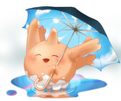 Rule 34 | blush stickers, chappii, closed eyes, cloud, corsola, creature, creatures (company), game freak, gen 2 pokemon, holding, holding umbrella, nintendo, no humans, open mouth, pokemon, pokemon (creature), puddle, rainbow, reflection, reflective water, ripples, simple background, solo, umbrella, white background