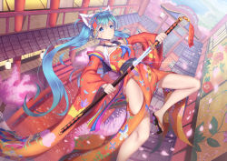 Rule 34 | 1girl, ahoge, alternate costume, animal ears, animal print, architecture, blue eyes, blue hair, bridge, butterfly print, cat ears, cherry blossoms, closed mouth, detached sleeves, east asian architecture, from above, hair ornament, hatsune miku, holding, holding sword, holding weapon, japanese clothes, kimono, lantern, lens flare, long hair, long sleeves, looking at viewer, matching hair/eyes, obi, outdoors, paper lantern, petals, pillar, railing, ribbon, rooftop, sailor collar, sandals, sash, sheath, sky, solo, sword, tatami, torii, tree, twintails, unsheathing, very long hair, vocaloid, weapon, wide sleeves, xiaosan ye, zouri