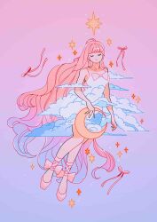 Rule 34 | 1girl, absurdly long hair, absurdres, bare legs, blue hair, bow, closed eyes, cloud, crescent moon, dress, floating, full body, gradient hair, highres, holding, long hair, meyoco, mole, mole under mouth, moon, multicolored hair, no nose, original, pink bow, pink footwear, pink hair, pink ribbon, ribbon, shoes, solo, sparkle, very long hair, white dress