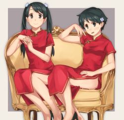 Rule 34 | 2girls, black eyes, black footwear, black hair, china dress, chinese clothes, couch, dress, own hands clasped, high heels, kantai collection, long hair, looking at viewer, makio (makiomeigenbot), mikuma (kancolle), mogami (kancolle), multiple girls, own hands together, red dress, short hair, sitting, smile, twintails