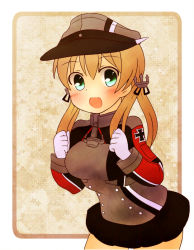 Rule 34 | 10s, 1girl, :d, anagurashi (touge no ochaya-san), anchor, anchor hair ornament, bad id, bad pixiv id, black skirt, blonde hair, blush, clenched hands, cowboy shot, cross, gloves, green eyes, hair ornament, hat, iron cross, kantai collection, long sleeves, looking at viewer, microskirt, military, military hat, military uniform, open mouth, peaked cap, pleated skirt, prinz eugen (kancolle), skirt, smile, solo, touge no ochaya-san, twintails, uniform, white gloves