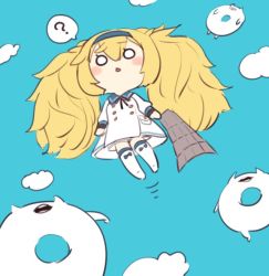 Rule 34 | 1girl, ?, abyssal ship, big hair, blonde hair, blue sky, blush, chestnut mouth, cloud, commentary, day, dress, floating, gambier bay (kancolle), hair between eyes, hairband, holding, holding paper, kantai collection, long hair, long sleeves, open mouth, paper, sailor dress, simoyuki, sky, spoken question mark, teeth, thighhighs, twintails, white dress, white thighhighs