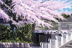 Rule 34 | building, bush, cherry blossoms, cloud, commentary request, day, english text, grass, hankachi (okayama012), kanji, no humans, numbered, original, plant, scenery, shade, sky, stairs, stone stairs, sunlight, tree