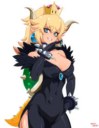 Rule 34 | 1girl, absurdres, armlet, black dress, black nails, blonde hair, blue eyes, blush, borrowed design, bowsette, bracelet, breasts, bright pupils, cleavage, collar, commentary request, covered navel, cowboy shot, crown, dress, earrings, gem, glint, hair between eyes, hand up, highres, horns, jewelry, large breasts, lizard tail, looking at viewer, mario (series), nail polish, new super mario bros. u deluxe, nintendo, pointy ears, ponytail, reddgeist, shell, signature, simple background, slit pupils, smile, solo, spiked armlet, spiked bracelet, spiked collar, spiked shell, spiked tail, spikes, super crown, tail, turtle shell, white background