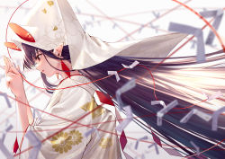 Rule 34 | 1girl, absurdres, black hair, brown eyes, chinese zodiac, ear piercing, from side, highres, japanese clothes, kimono, long hair, looking down, open mouth, original, piercing, pointy ears, solo, takubon, upper body, year of the rat