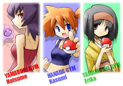 Rule 34 | 3girls, :d, bare arms, bare shoulders, bikini, black hair, blue bikini, blue eyes, breasts, brown eyes, brown hairband, character name, closed mouth, collarbone, creatures (company), erika (pokemon), eyebrows, floating, floating object, frown, game freak, gym leader, hair between eyes, hair tie, hairband, holding, holding poke ball, impact (font), japanese clothes, kimono, long sleeves, misty (pokemon), multiple girls, navel, nintendo, obi, open mouth, orange hair, parted bangs, poke ball, poke ball (basic), pokemon, pokemon frlg, pokemon hgss, purple hair, rascal (feuille), red eyes, red shirt, sabrina (pokemon), sash, shirt, short hair, short ponytail, side ponytail, sideways mouth, small breasts, smile, stomach, swimsuit, tank top, telekinesis, text focus, tongue, upper body, wide sleeves, yellow kimono