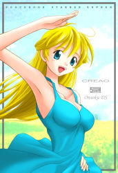Rule 34 | blonde hair, blue eyes, breasts, cleavage, cleo everlastin, dress, long hair, majutsushi orphen, open mouth, original, salute, solo